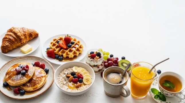 Healthy Breakfast Spread with Pancakes and Coffee for Brunch