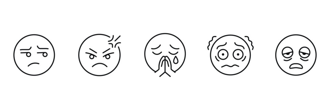 Emotional facial expressions icon set with minimalist outline style for creative character emoji vector illustration collection.