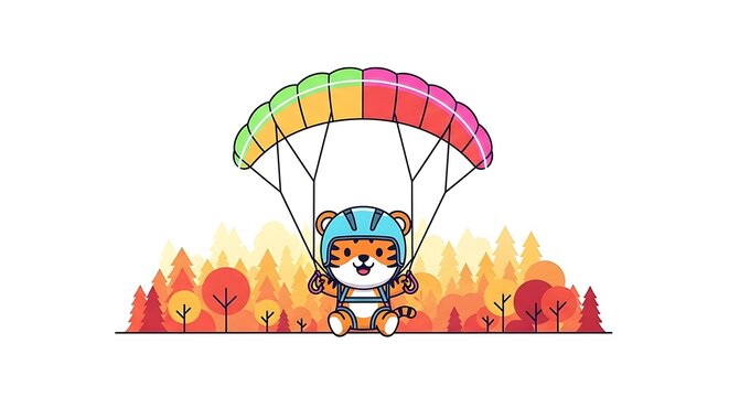 Adorable illustration depicts a cartoon tiger wearing a helmet and seated beneath a colorful parachute against a fall-toned forest backdrop