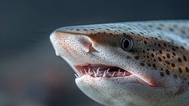 Close-up portrait of a spotted shark head showing sharp teeth and eyes, underwater marine life photography.