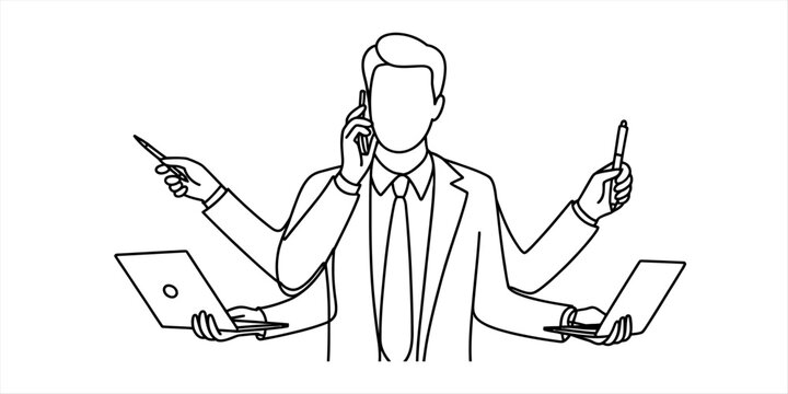 Busy businessman multitasking with laptop phone and pens in a line art illustration Vector, illustration