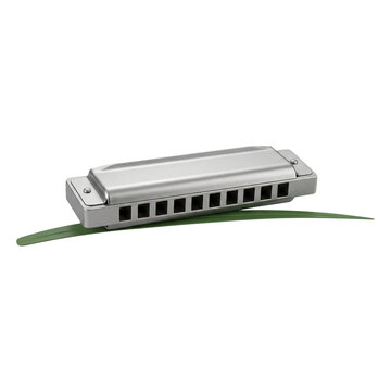 Isolated Silver Harmonica On A Green Leaf Transparent Background