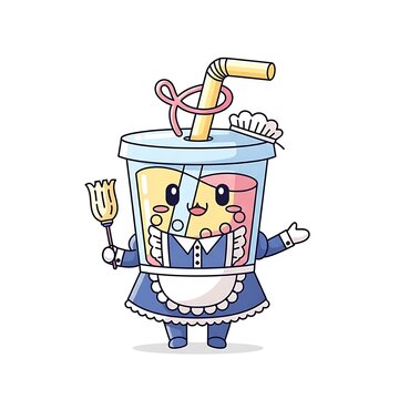 Adorable kawaii-style drink character dressed in a maid outfit, holding a tiny broom, and smiling playfully, isolated against a white background