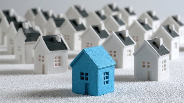 Small blue house model standing out among numerous white house models symbolizing uniqueness real estate concept and property market competition in miniature setting