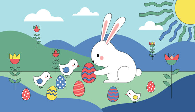 Easter celebration scene featuring a white rabbit with colorful painted eggs and small baby chicks in a green meadow with blue hills and bright sun