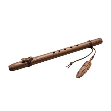Isolated Wooden Native American Flute With Feather On Transparent Background
