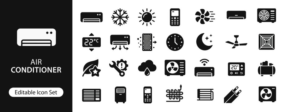 Air Conditioner Solid Icon Set, Cooling System and Climate Control Icons for HVAC Technology, Ventilation Equipment and Smart Home UI UX Design