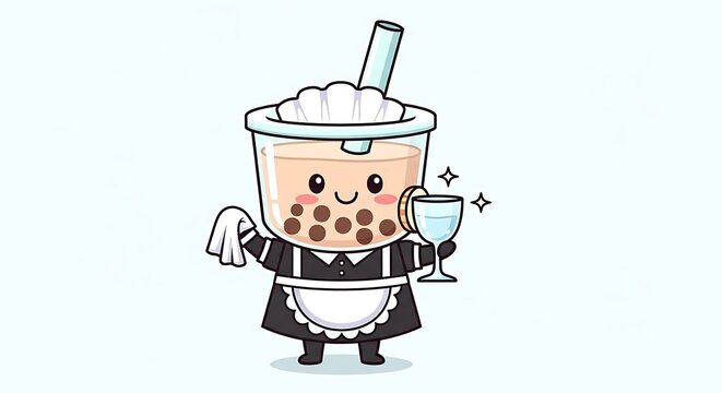 Adorable animated bubble tea character dressed as a maid holding a small glass of water with sparkling effects
