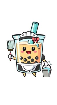Adorable animated beverage with black spheres in a clear cup, dressed as a housemaid, holding cleaning tools, cartoonish