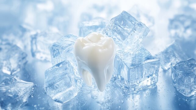 Bright white tooth isolated within blue ice cubes and frosted surfaces, lit with fresh clinical light, premium dental advertising composition