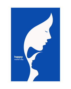 Elegant Happy Mothers Day vector poster featuring minimalist mother and child silhouette illustration with modern blue background. Ideal for greeting cards, social media posts, celebrations.