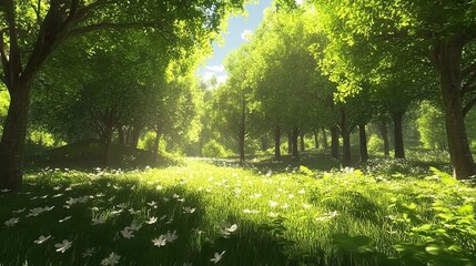 Fototapeta premium A tranquil forest clearing with sunlight filtering through the leaves and casting intricate shadows, 