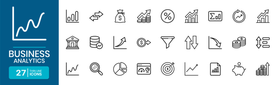 Business Analytics Line Icons For Reports Investment Banking Growth