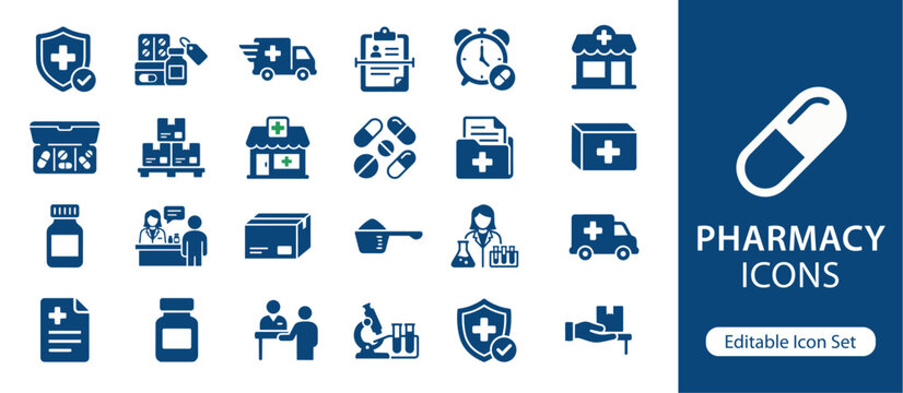 Pharmacy Solid Icon Set, Medical Prescription Drug Store Healthcare Medicine and Pharmaceutical Services, Pill Capsule Bottle and Clinical Care UI UX Interface Icons