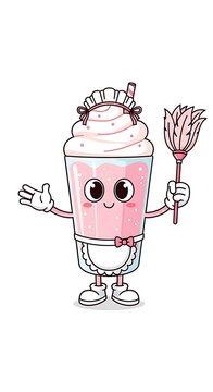 Adorable, anthropomorphic strawberry milkshake character in a maid outfit, holding a duster, with whipped cream, bow tie, and big eyes