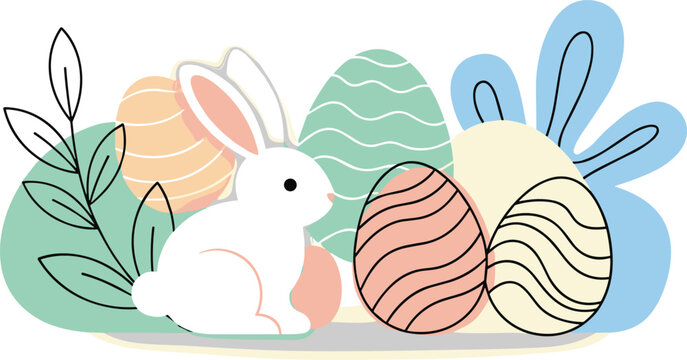 Cute White Easter Bunny Sitting with Patterned Colorful Eggs and Blue Botanical Leaves on a Minimalist White Background for Spring Holiday Celebration