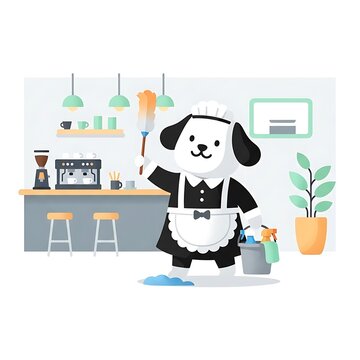 Adorable canine in maid attire meticulously cleans a cafe, holding mop and bucket. Bright interior with coffee station and potted plant