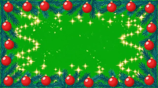 Festive Christmas ornament border frames a bright green copyspace background with sparkling holiday lights in vivid 4K motion