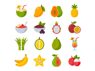 Obraz premium Illustrated tropical fruits and beverages collection for healthy lifestyle concepts