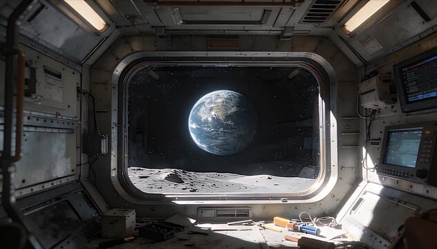 Space view Space View of Earth from Lunar Cabin Interior with Window, Futuristic Control Room, Moon Surface, Science Equipment, and Sunlit Metal Panel in Searchable SEO Friendly Title