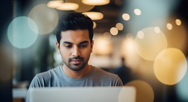 Young adult man working on laptop.