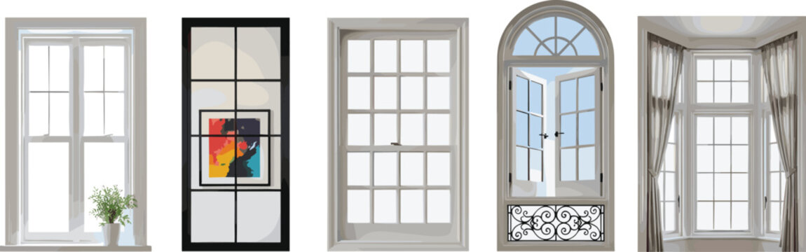 Modern residential window styles collection featuring various frames black white arched bay and sash window designs for home architecture visualization