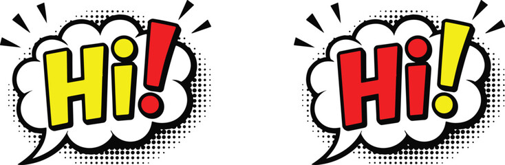 Hi comic pop art text speech bubble greeting hello friendly informal expressive yellow. © meerobeul