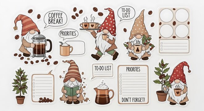 Decorative gnomes enjoying coffee and planning their tasks on a white background