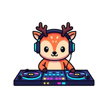 Adorable cartoon deer, sporting headphones, expertly mixing music on a DJ console, bright colorful design