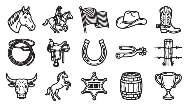 Vintage cowboy icons set, 15 western rodeo vector elements, rustic wild west line art with horse, sheriff star and cowboy hat illustrations