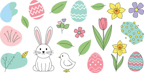 Custom vertical slats with artistic motives with your photo Hand Drawn Easter Vector Set Featuring Cute White Rabbit Small Yellow Chick Colorful Patterned Eggs Spring Flowers Leaves and Abstract Pastel Shapes