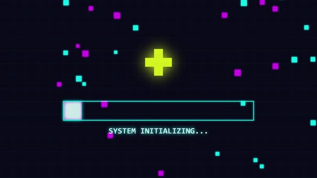 Digital loading bar with system initializing text and abstract pixels