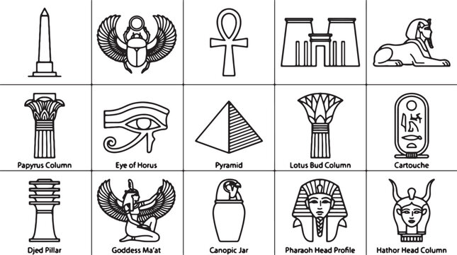 Ancient Egyptian icons set, 15 black and white vector symbols including Pyramid and Sphinx, Egyptian mythology and history elements for education