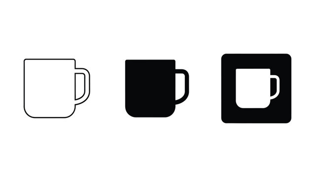 Set of three mug icons: outline solid black white on dark square coffee cup tea cup illustration isolated