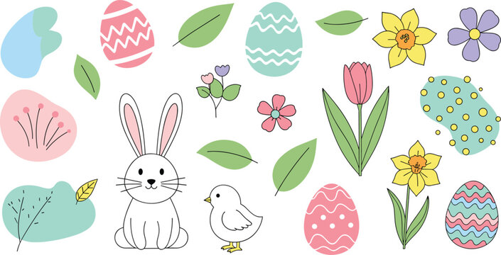 Hand Drawn Easter Vector Set Featuring Cute White Rabbit Small Yellow Chick Colorful Patterned Eggs Spring Flowers Leaves and Abstract Pastel Shapes