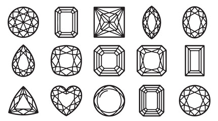 Diamond cut shapes vector set, 15 gemstone outline icons, jewelry design elements for engagement rings and luxury branding, black line art gems © Rosie