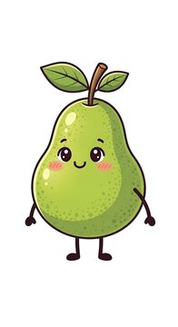 Adorable cartoon pear character, green and smiling, with rosy cheeks and leaves, standing on its feet against a white background
