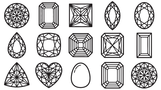 Diamond cut shapes collection, 15 black line vector icons of gemstone facets, jewelry design elements for luxury branding and engagement ring catalogs