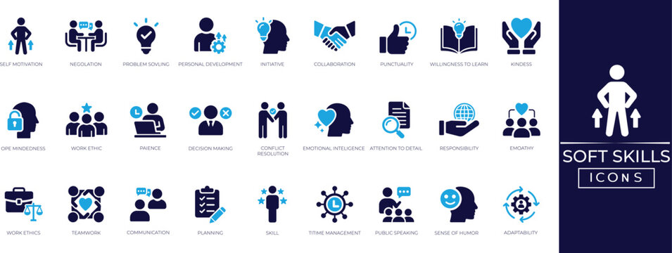 Soft skills solid icon set. assertiveness, empathy, creativity, brain, efficiency, communication, leadership, critical thinking. vector personality symbols.