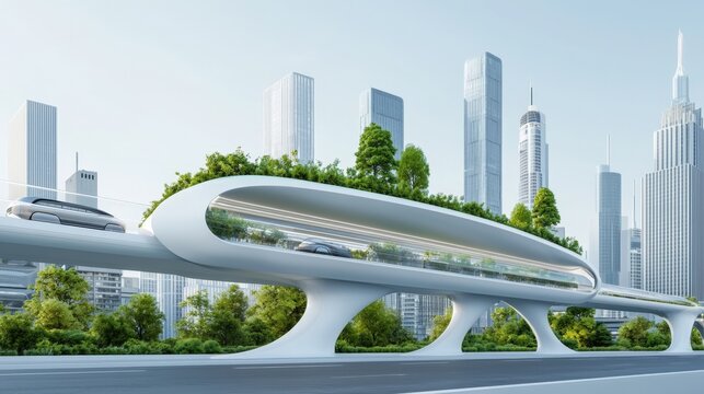 Futuristic Urban Transportation Concept with Greenery and Modern Skyscrapers in the Background