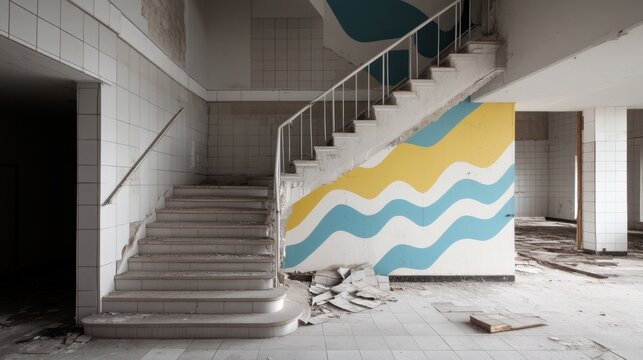 Exploring Abandoned Spaces: A Staircase with Vibrant Murals and Weathered Surfaces
