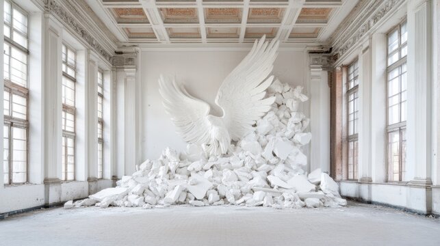 Stunning White Eagle Sculpture Amidst Crumbled Wall in Abandoned Space Evoking Transformation and Freedom