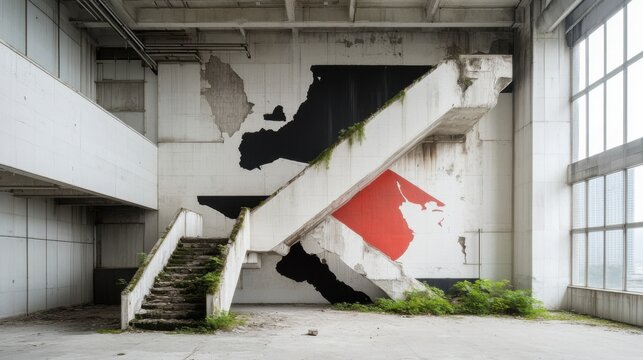 Abandoned Urban Space with Artistic Graffiti and Overgrown Stairs in a Modern Industrial Setting