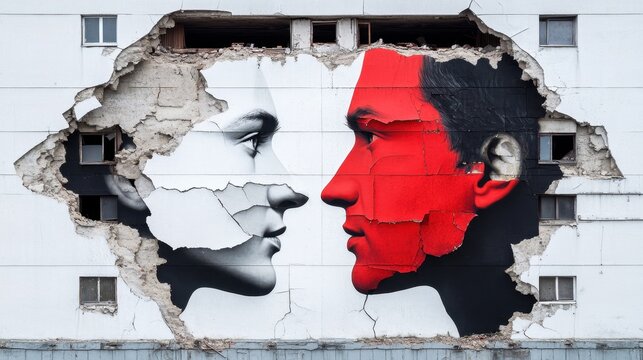 Striking Urban Wall Mural Depicting Faces in Red and Black Against a Weathered Background