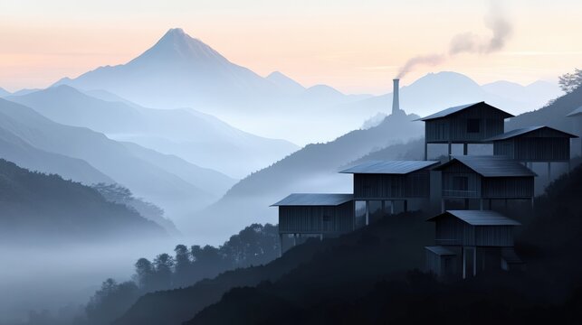 Serene Misty Landscape with Mountain and Silhouette of Houses in the Early Morning Light