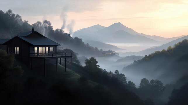 Stunning Tranquil Landscape with Mountains, Mist and Cozy Cabins at Dawn