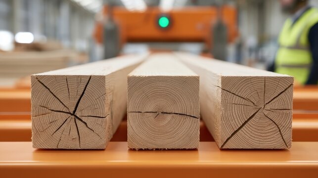 Closeup view of fresh cut wooden timber beams with visible growth rings and cracks placed indoors on orange metal rack in a carpentry workshop environment