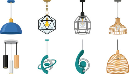 Fototapeta premium Geometric Cage Pendant Lights Vector - Industrial Hanging Lamp Kitchen Clipart