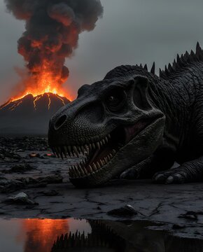 Cinematic scene of a fallen dinosaur with an exploding volcano background.