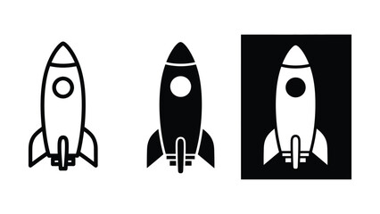 Three rocket ship icons with blast off black and white exploration illustration transportation out of this world © Julhash